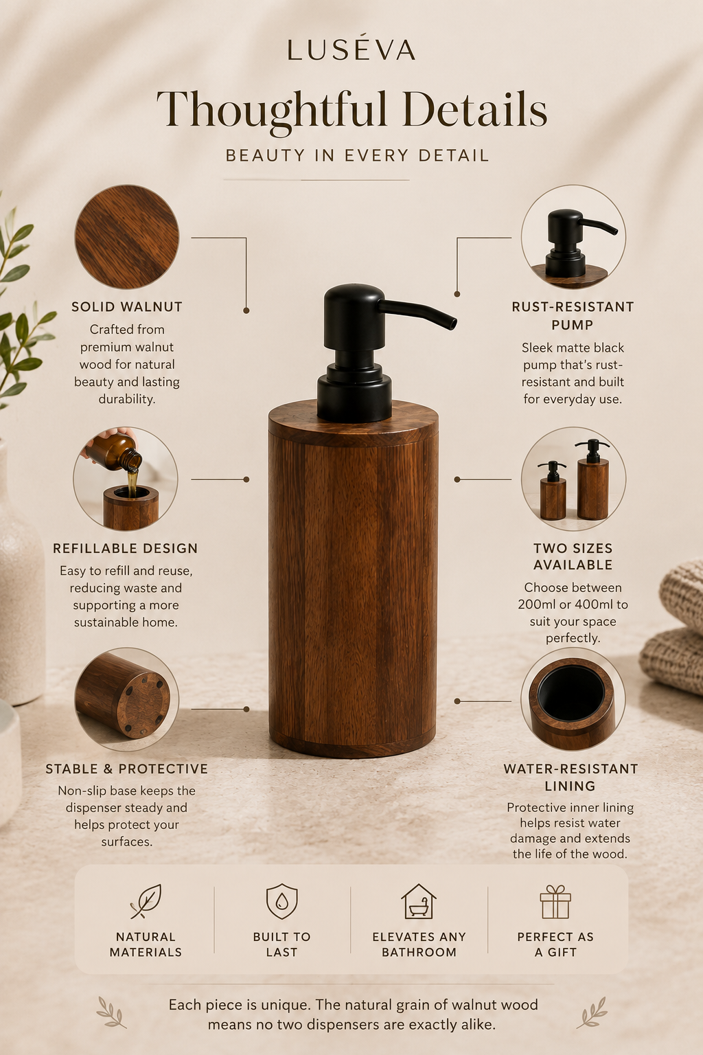 LUSÉVA Walnut Soap Dispenser